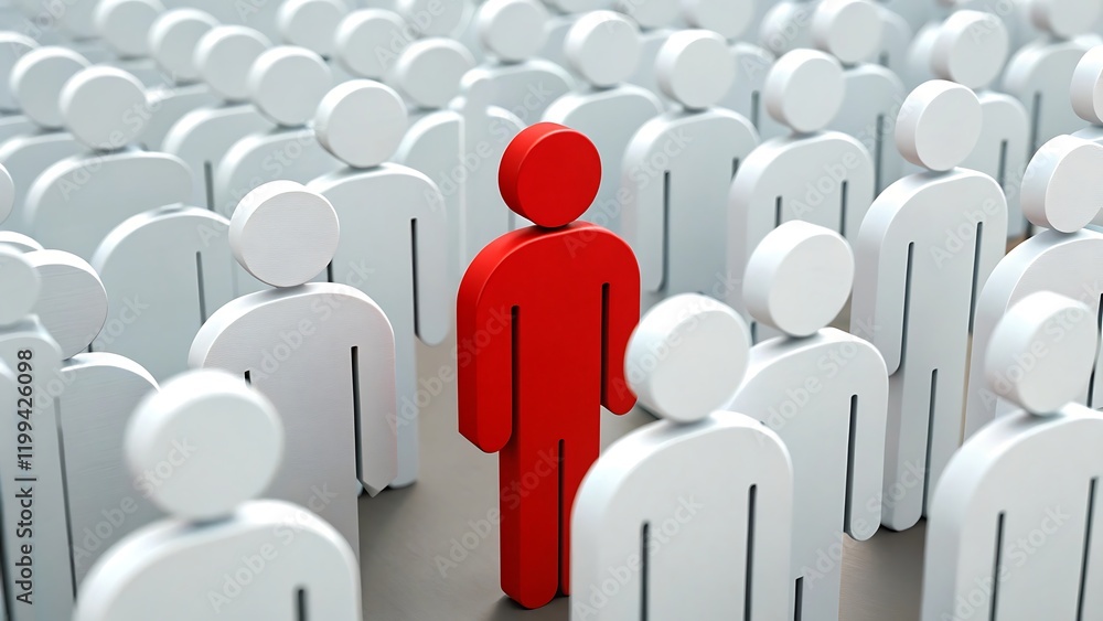 A single red figurine of stands amidst of identical white figurines, symbolizing leadership and uniqueness A single red figurine of stands amidst of identical white figurines, symbolizing leadership and uniqueness