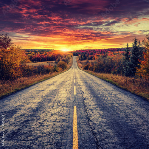 scenic open road surrounded by vibrant autumn foliage and sunset