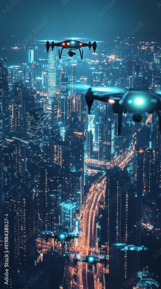 Fototapeta premium Drones Flying Over a Luminous Cityscape at Night