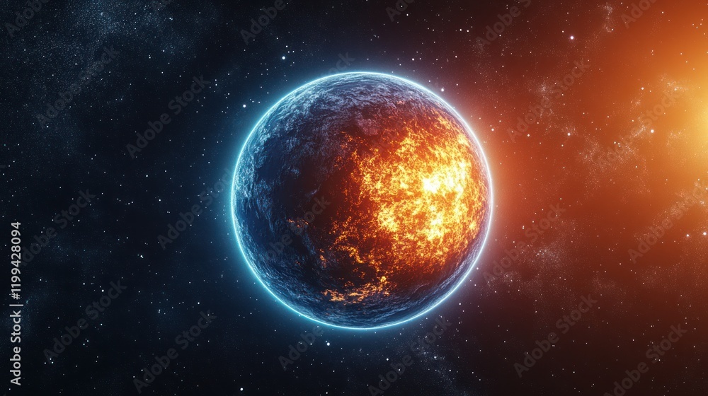 Fototapeta premium Fire and ice collide on a distant planet in the vastness of outer space during twilight hours. Generative AI