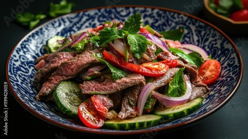 Beef salad with cucumber, red onion and parsley. Yum Nua photo