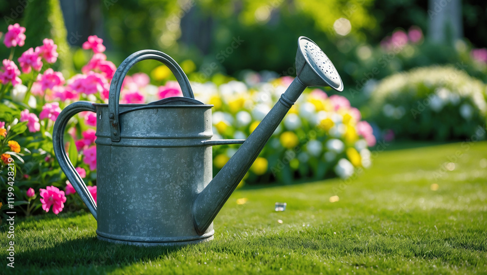 watering can for irrigation of plants placed in the garden with flowers in the garden on a sunny summer day. Hobby gardening farming concept watering can for irrigation of plants placed in the garden with flowers in the garden on a sunny summer day. Hobby gardening farming concept