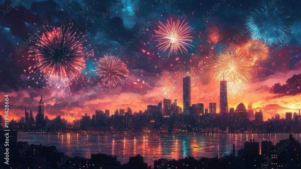 Obraz premium A vibrant city skyline illuminated by colorful fireworks against a dramatic sunset sky, reflecting on the water below.