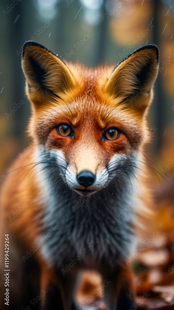 Fototapeta premium Captivating red fox in a forest setting during autumn, showcasing striking fur and expressive eyes while surrounded by foliage