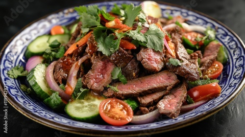 Beef salad with cucumber, tomato, onion and cilantro. Yum Nua photo