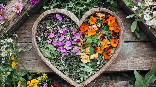 Heart Shaped Bowl of Vibrant Garden Flowers and Herbs Rustic Wooden Background