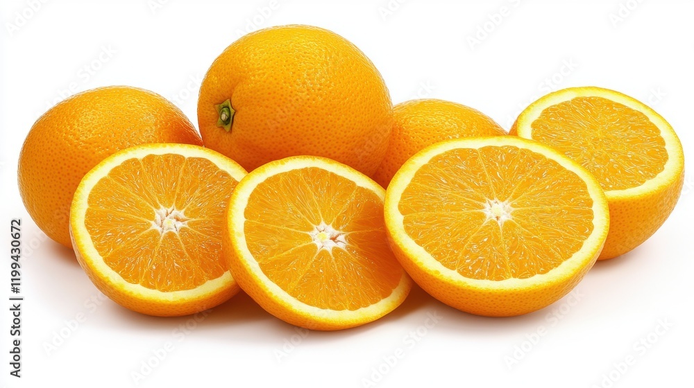 Fresh Oranges with Slices on White Background for Healthy Lifestyle Fresh Oranges with Slices on White Background for Healthy Lifestyle