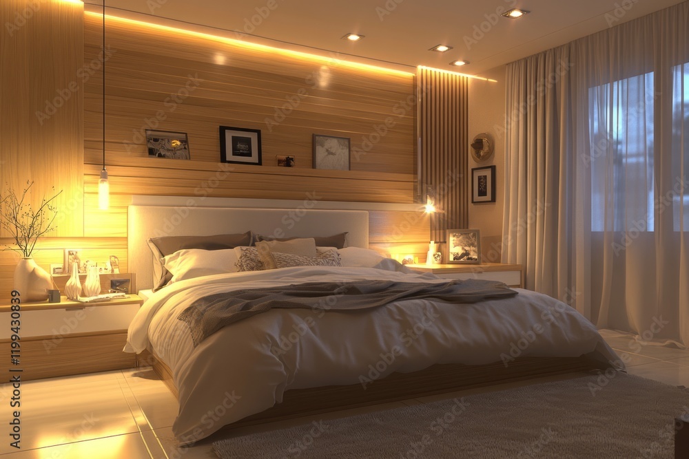 Serene Modern Bedroom Design with Warm Lighting and Wooden Accents Serene Modern Bedroom Design with Warm Lighting and Wooden Accents