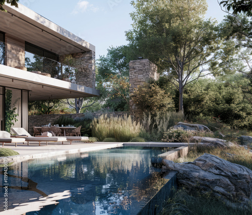 Modern villa with natural stone accents, surrounded by lush greenery and a serene pool in a tranquil outdoor setting