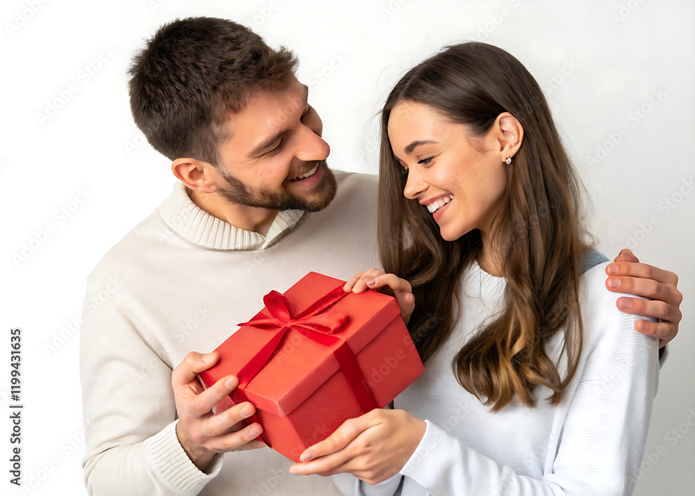 Husband or boyfriend holding red gift box in hands making present surprise to happy girlfriend or wife, isolated on the white background, close up. Couple celebrate Valentines day on February 14 Husband or boyfriend holding red gift box in hands making present surprise to happy girlfriend or wife, isolated on the white background, close up. Couple celebrate Valentines day on February 14