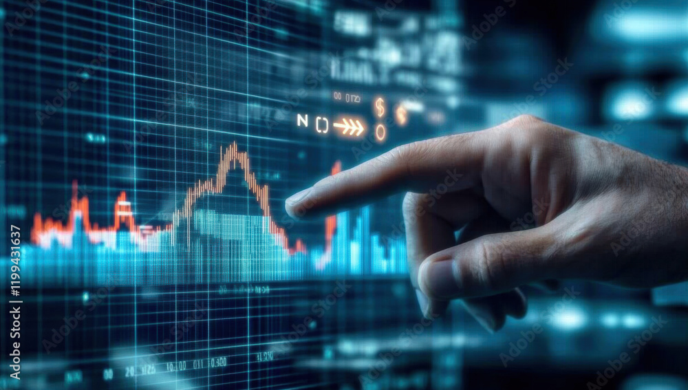 hand pointing at digital financial chart displaying market trends and data analysis. vibrant colors and intricate details reflect dynamic nature of trading hand pointing at digital financial chart displaying market trends and data analysis. vibrant colors and intricate details reflect dynamic nature of trading