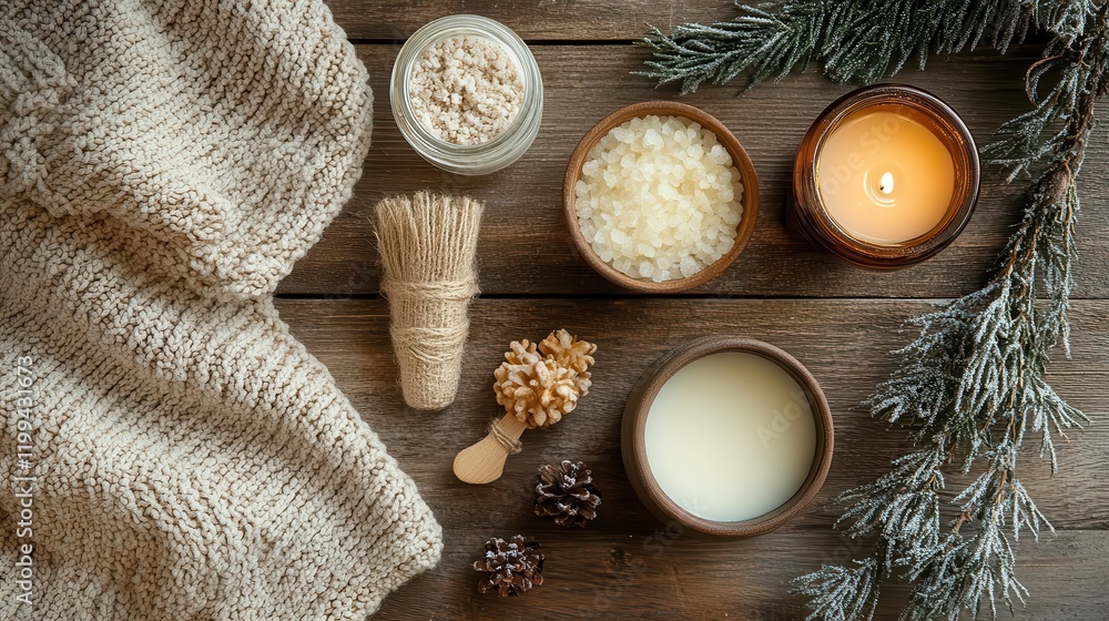 A serene arrangement of natural spa items, including candles, scrubs, and a soft cloth, evoking relaxation and self-care. A serene arrangement of natural spa items, including candles, scrubs, and a soft cloth, evoking relaxation and self-care.