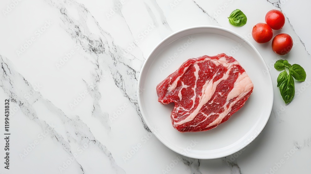 Raw beef steak on a white plate, ready for cooking. Garnished with cherry tomatoes and basil. Raw beef steak on a white plate, ready for cooking. Garnished with cherry tomatoes and basil.