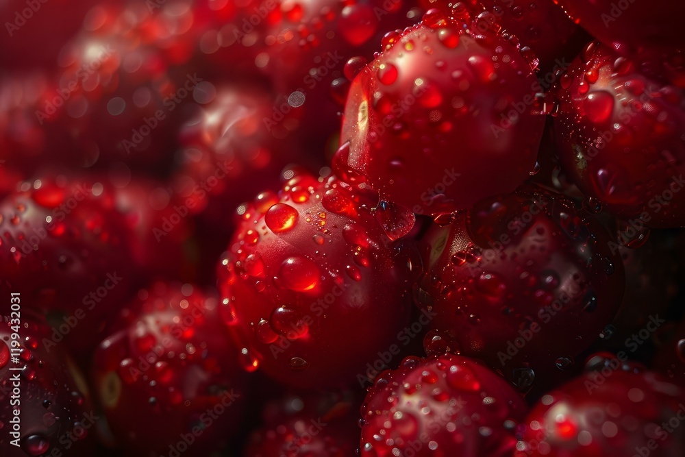 Macro close up of wet red cherries with water droplets, creating a vibrant and juicy image Macro close up of wet red cherries with water droplets, creating a vibrant and juicy image