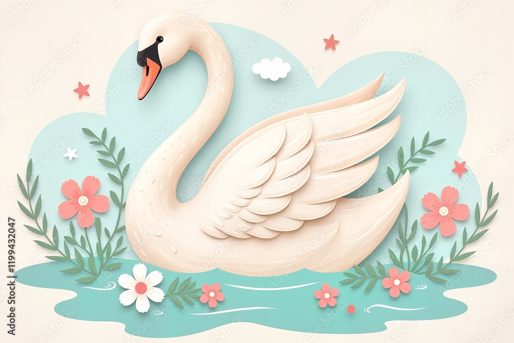 Obraz premium Gentle swan gracefully swimming amidst pastel floral and aquatic elements, whimsical papercut fairytale concept. . Greeting card or print for birthday celebration