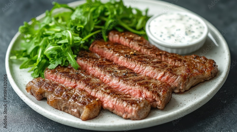 Sliced grilled steak with arugula and creamy sauce. Sliced grilled steak with arugula and creamy sauce.