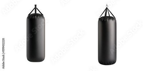 pair of black punching bags hanging for boxing training and fitness photo