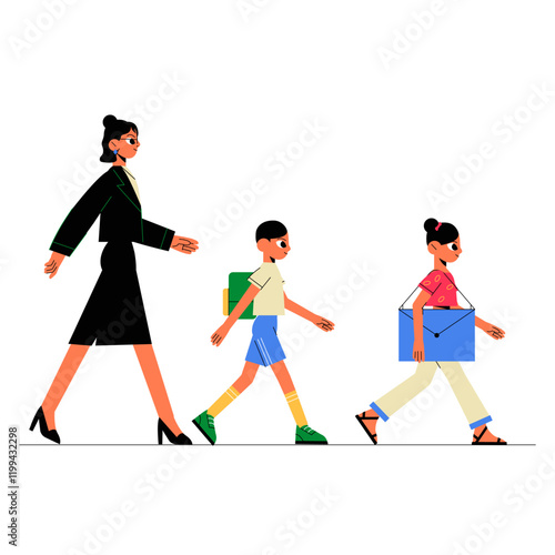 Back To School With Mother And Children In Flat Vector Illustration Symbolizing Education, Family Bonding, And School Routine, Isolated On White Background