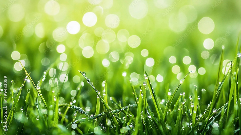 Fototapeta premium Morning Dew on Lush Green Grass: A Serene Nature Photography