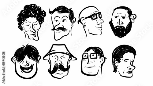 Set of caricature faces in black and white with diverse expressions and styles, perfect for editorial use, comics, and creative vector design illustration