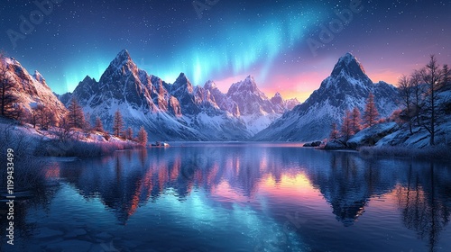 Aurora borealis over snowy mountains and reflecting lake at sunrise.