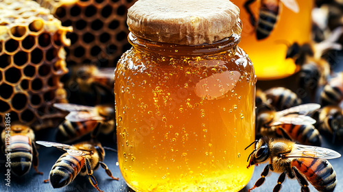 Golden Honey in Jar with Busy Bees: A Sweet and Natural Delight photo