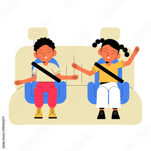 Kids In Backseat In Car Seats In Flat Vector Illustration Symbolizing Travel, Safety, And Fun, Isolated On White Background