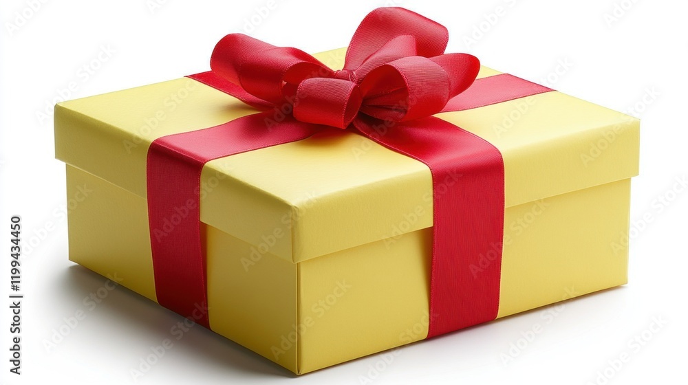 Obraz premium Bright Yellow Gift Box with Red Ribbon Perfect for Celebrations