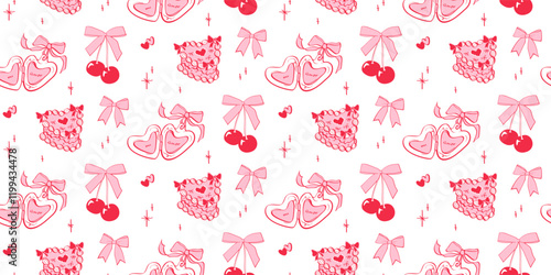 Seamless hand drawn pattern in coquette style. Cherries tied in pink bows, small hearts, stars, cake, heart locket with "mi amor" phrase. Vintage aesthetic wallpaper, cute girly romantic background.