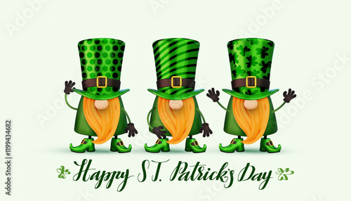 Happy St. Patrick's Day with cute gnomes poster. St. Patrick's Day Irish gnomes with clover for good luck. Set cute gnomes. 3d Vector design for banner, flyer, greeting, green card. Ireland Feast day.