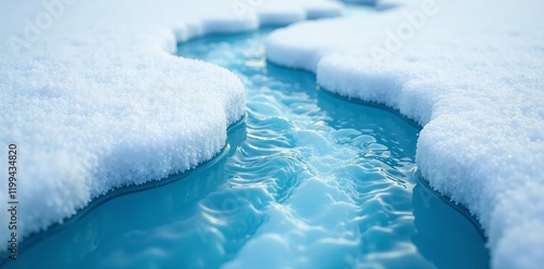 A serene water stream flows gently beneath a blanket of glistening snow. photo