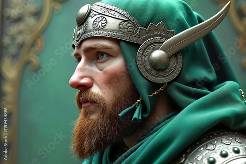 warrior embodying a fierce determination in ethno-futuristic attire, intricate emerald green and silver details, symbolism of cultural fusion. photo