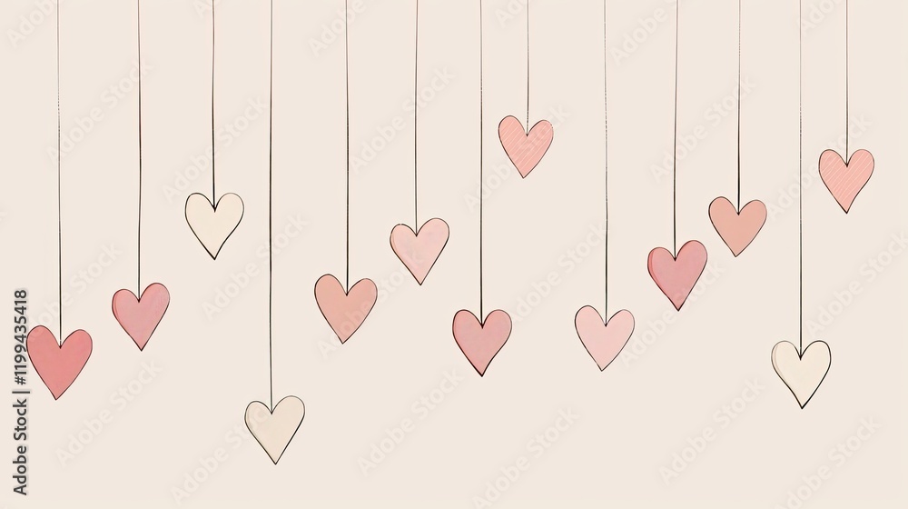 A light beige background with simple line art of hearts hanging on strings A light beige background with simple line art of hearts hanging on strings