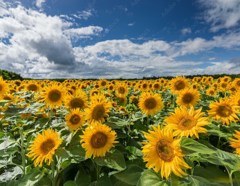 Fototapeta premium Sunflowers under a Blue Sky: A vibrant field of sunflowers basks under a bright blue sky dotted with fluffy white clouds, creating a captivating image of summer's golden hues and boundless optimism.