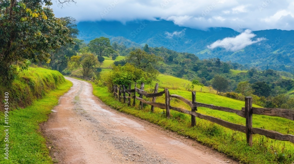 A narrow mountain road with rustic wooden fences and lush, green fields. A narrow mountain road with rustic wooden fences and lush, green fields.