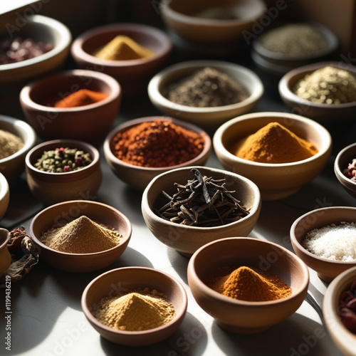 Small bowls filled with dried spices
