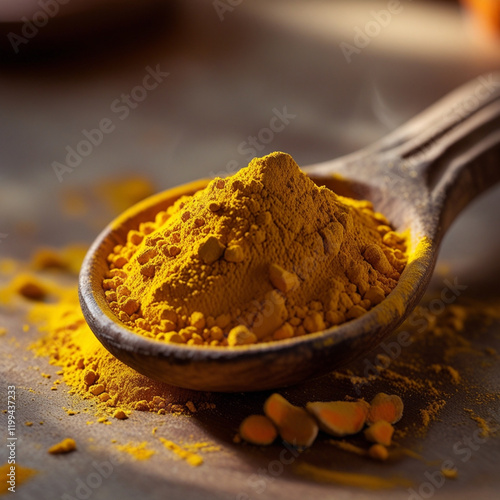 Using wooden spoons, serve curry and turmeric powder.