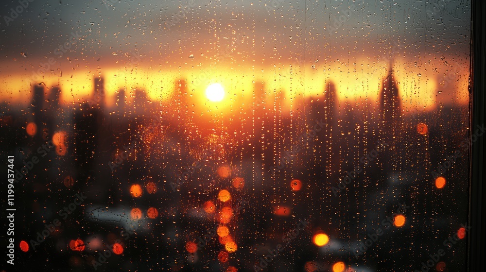 Fototapeta premium A stunning sunset over a city skyline viewed through a rain-speckled window.