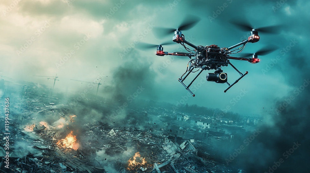 Drone Surveying Disaster Zone: Aerial View of Devastation Drone Surveying Disaster Zone: Aerial View of Devastation