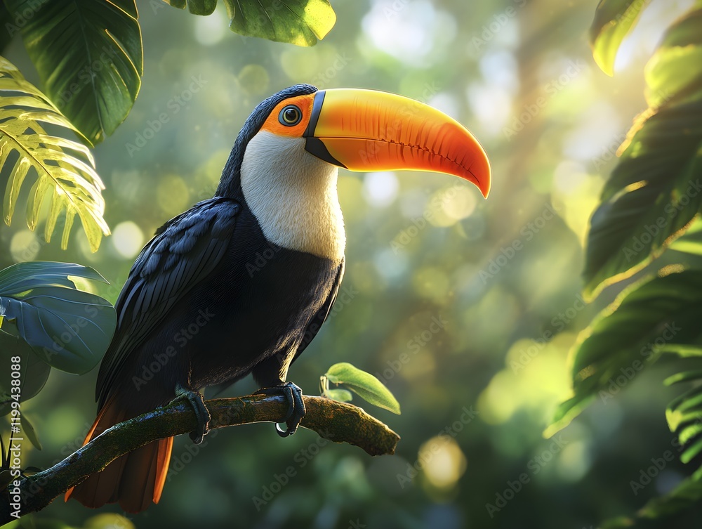 Fototapeta premium Colorful Toucan Perched in Rainforest Closeup - Generative AI