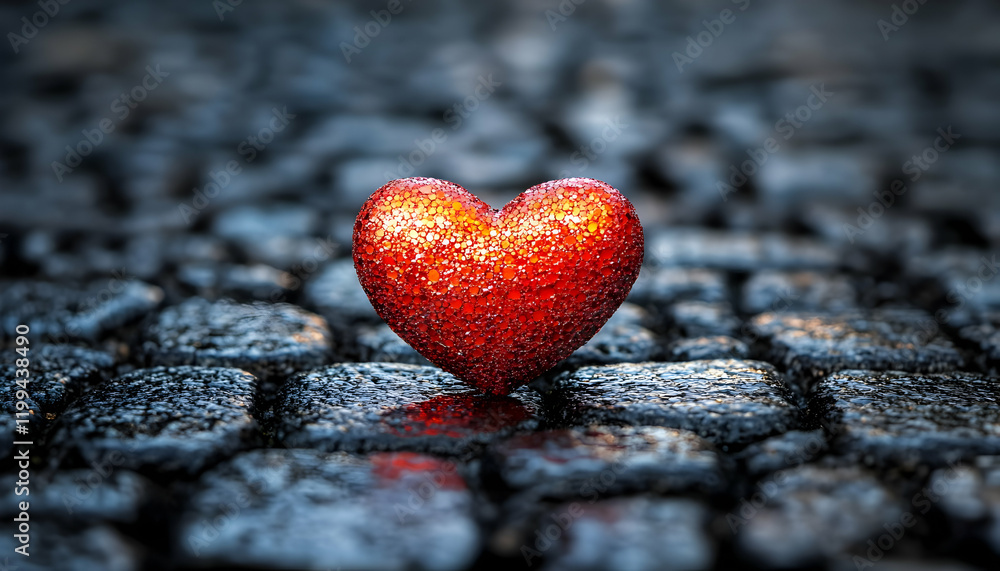 Obraz premium Red heart, cobblestone street, night, romance, love