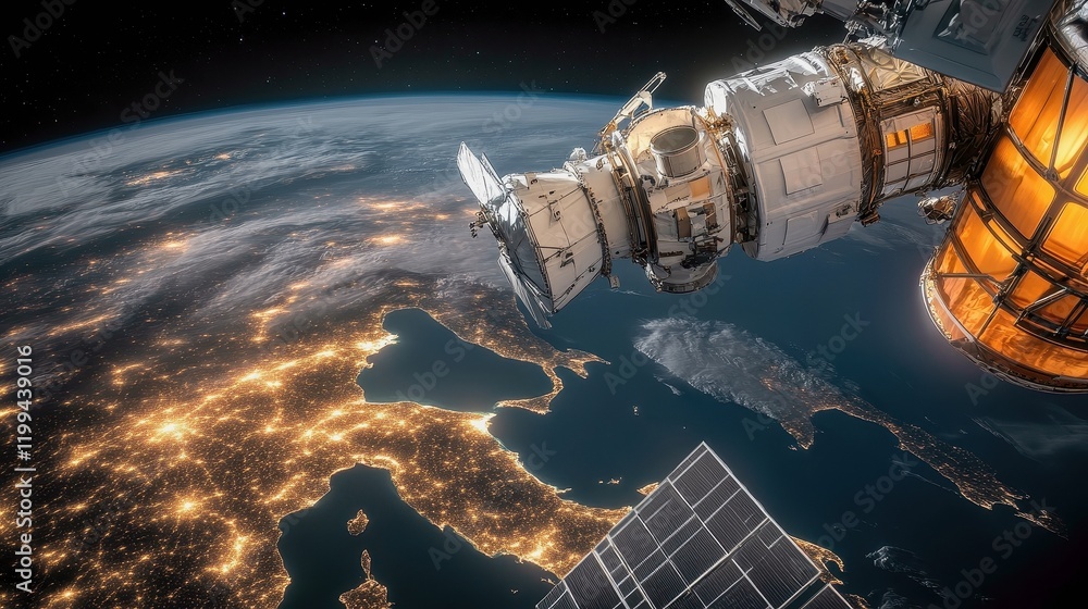 Obraz premium Satellite view of Earth showing city lights at night