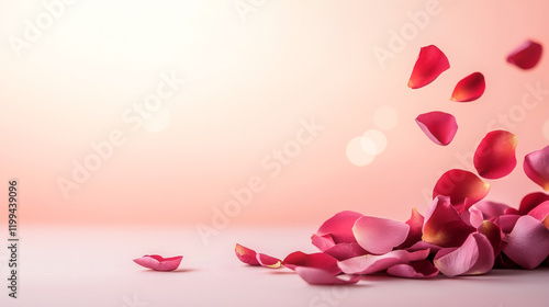 Soft pink rose petals scattered on light background create romantic atmosphere, perfect for love themed designs or celebrations. gentle hues evoke feelings of tenderness and beauty