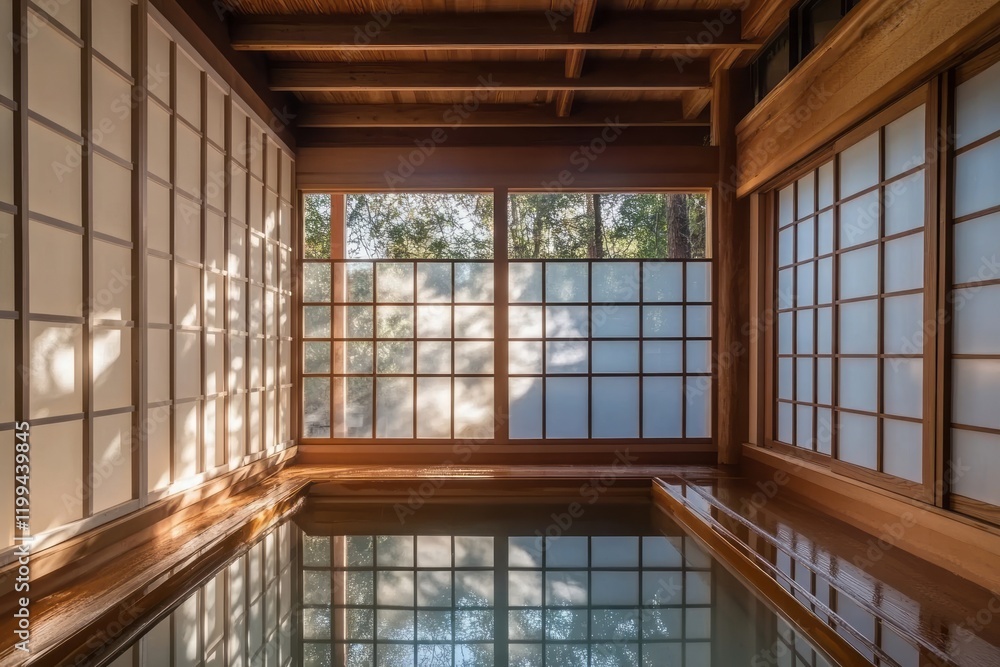Obraz premium Serene Wooden Bath With Shoji Screens And Natural Light