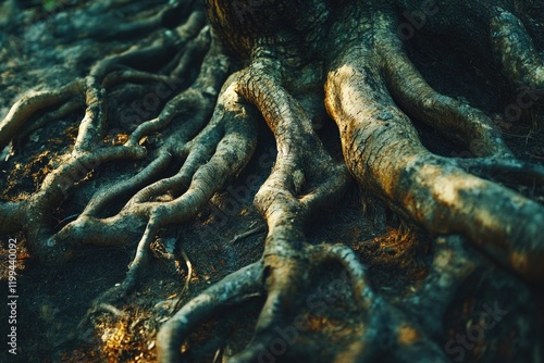 The intricate roots of an old tree set against a forest backdrop.