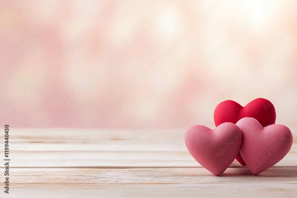 Three colorful hearts on wooden surface create romantic atmosphere, perfect for Valentine Day or love themed events. soft colors evoke feelings of affection and warmth Three colorful hearts on wooden surface create romantic atmosphere, perfect for Valentine Day or love themed events. soft colors evoke feelings of affection and warmth