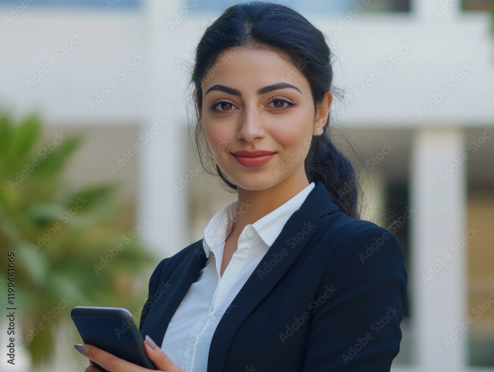Business Professional Woman Standing Outdoors with Phone in Hand