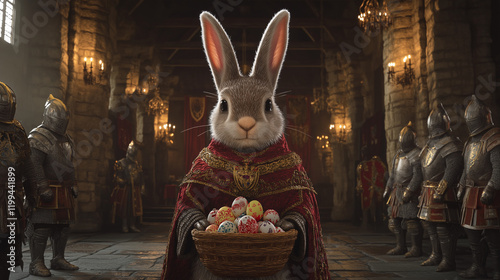 Medieval Knights Protecting Easter Bunny and Egg Basket in Castle Hall