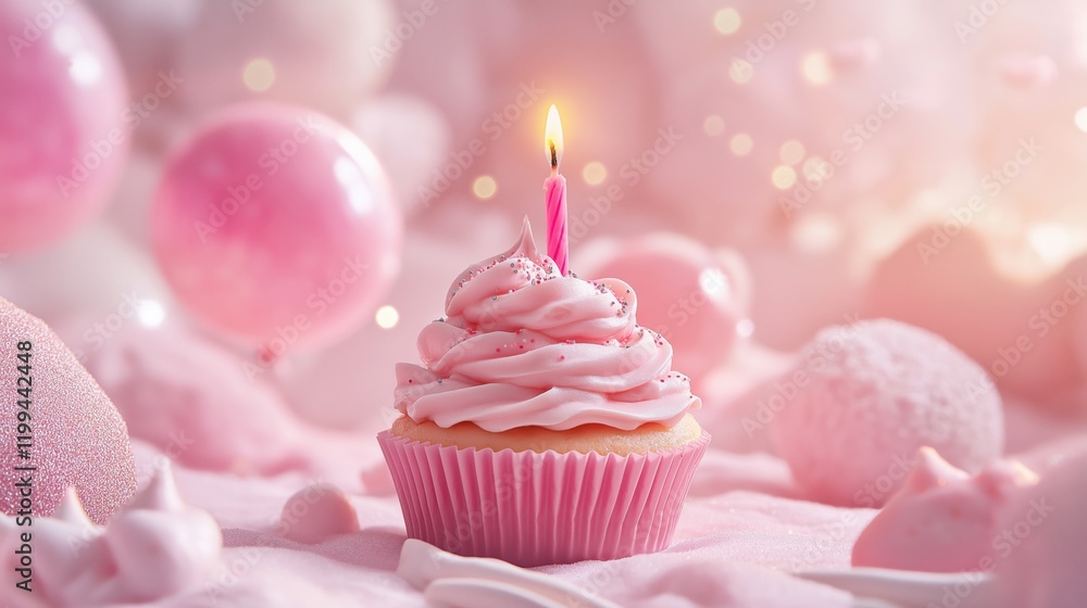 Pink cupcake with a candle for a beautiful birthday background Pink cupcake with a candle for a beautiful birthday background
