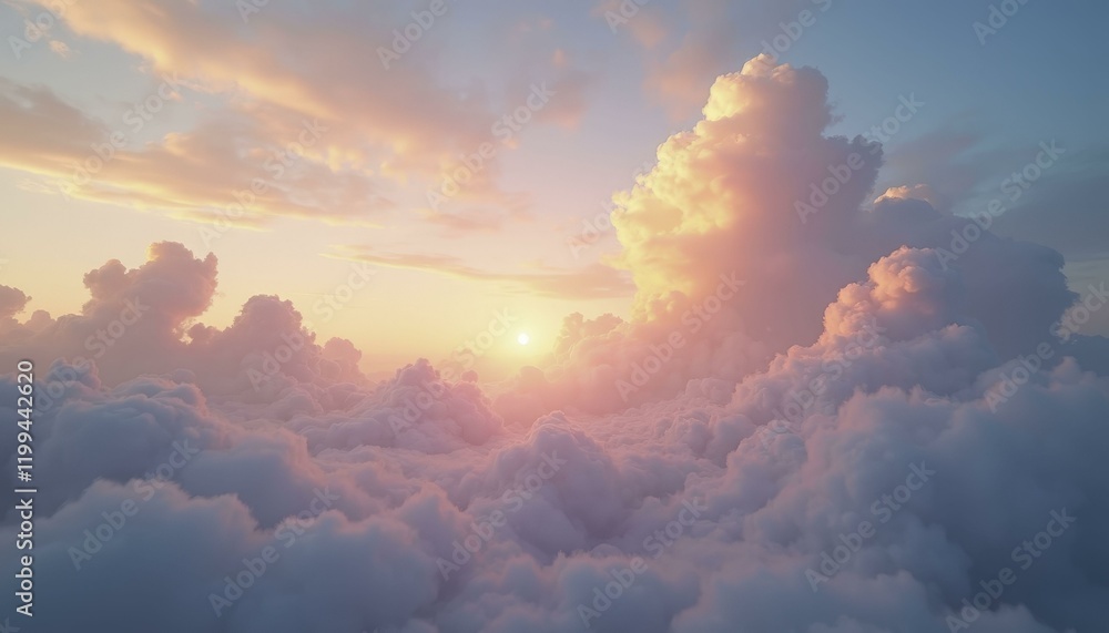 Wide Shot of Stunning Sunrise Over Sea of Fluffy Clouds with Golden and Soft Pink Hues, Ethereal and Serene, Morning Wide Shot of Stunning Sunrise Over Sea of Fluffy Clouds with Golden and Soft Pink Hues, Ethereal and Serene, Morning
